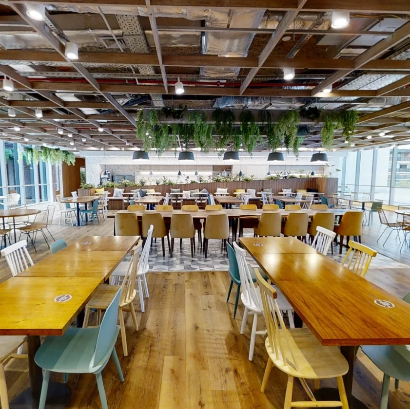 Workcafé de HIT CEL con mesas de madera, sillas y plantas colgantes.